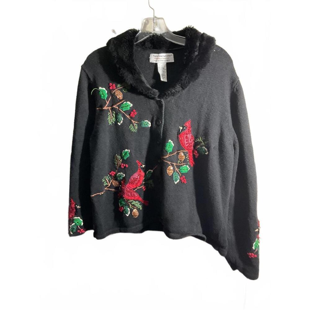 Tiara International Christmas Collection Black Cardinal Embroidered Sweater L